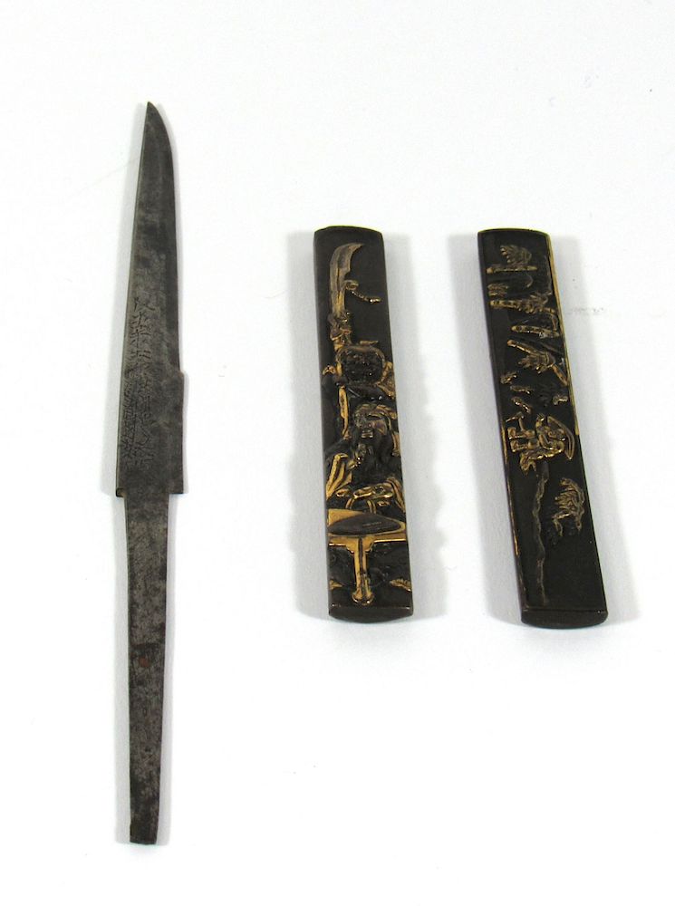 Appraisal: Signed Kogatana and Two Kozuka Handles Japanese katana mountings The