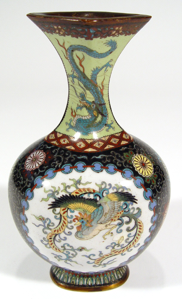 Appraisal: Japanese cloisonne vase with slender neck enamelled with birds and