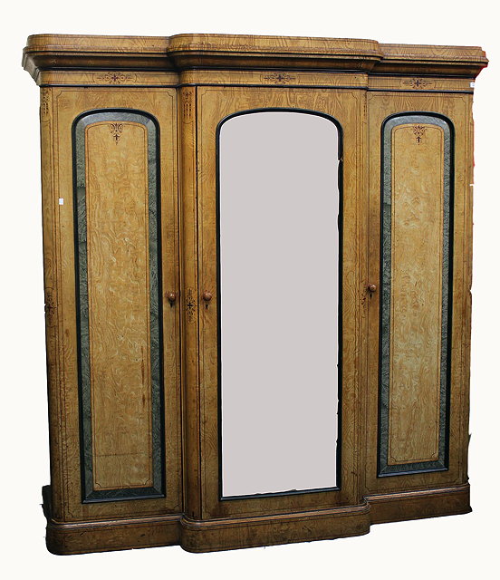 Appraisal: A VICTORIAN MAHOGANY BURRWOOD VANEERED BREAK FRONT WARDROBE the central