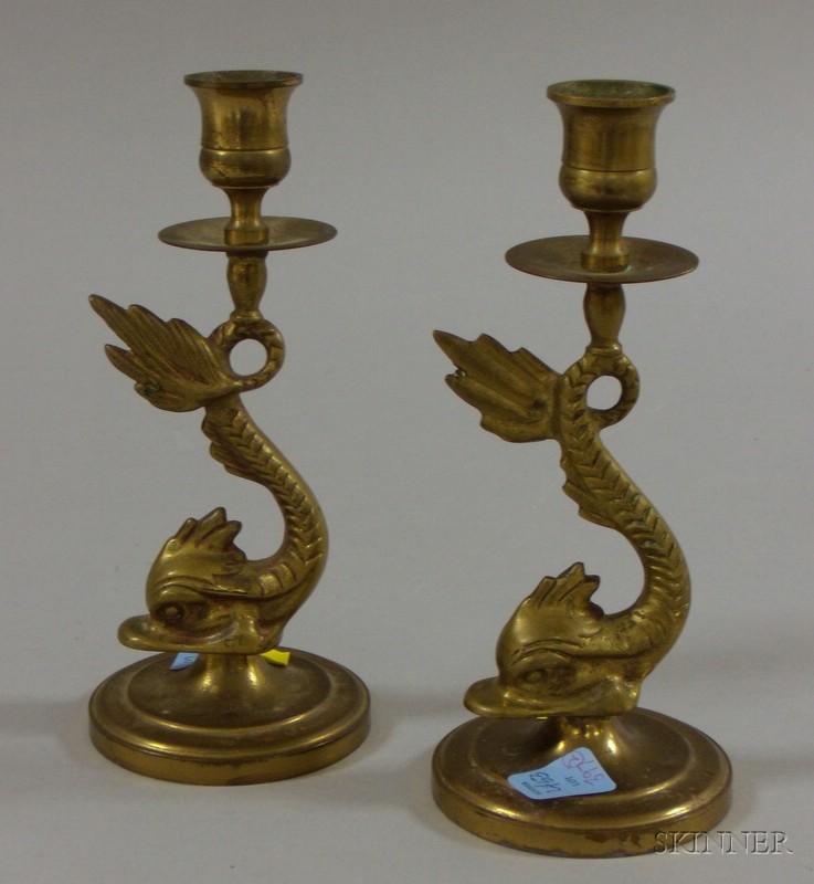 Appraisal: Pair of Brass Dolphin Candlesticks marked CM on base ht