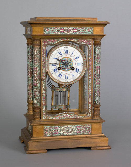 Appraisal: Ornate brass and enamel mantle clock late th c with