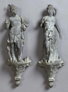 Appraisal: Pair of Spelter Classical Figural Wall Hangings l Pair of