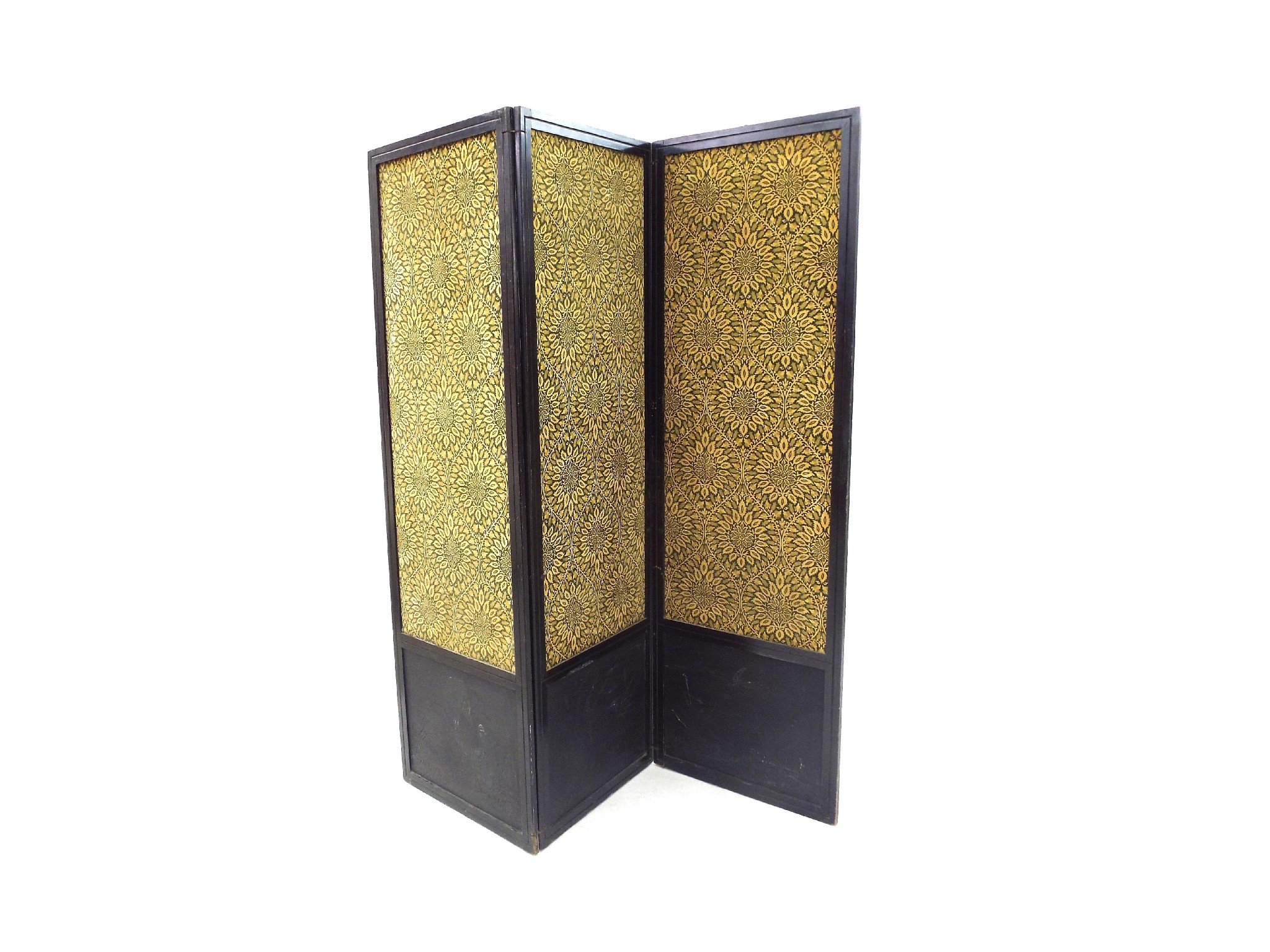 Appraisal: Japanese ebonised threefold screen with geometric pattern green fabric panels