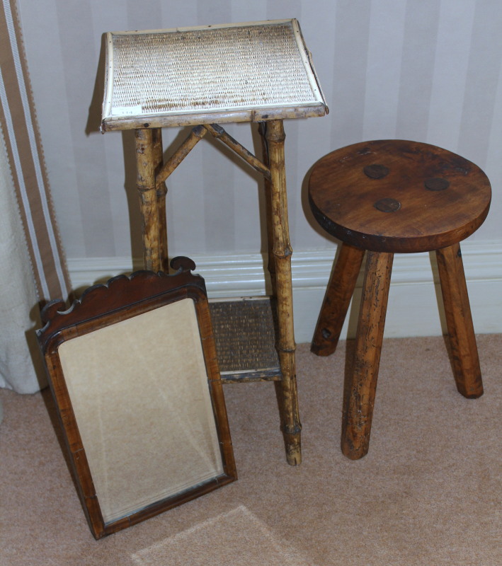 Appraisal: A bamboo stand with a stool and a mirror