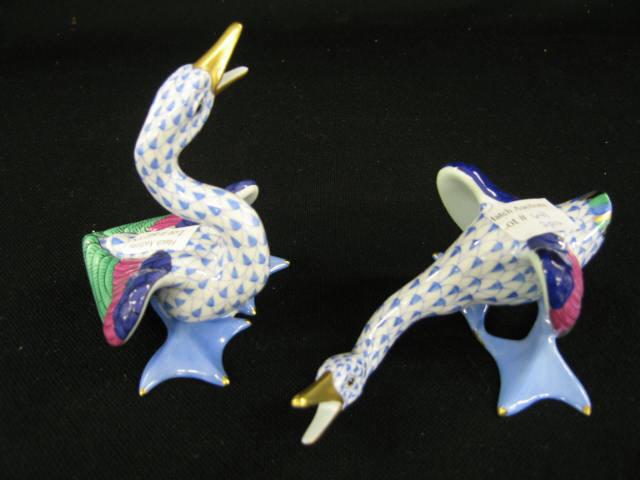 Appraisal: Pair of Herend Porcelain Figurines of Geese blue fishnet decor