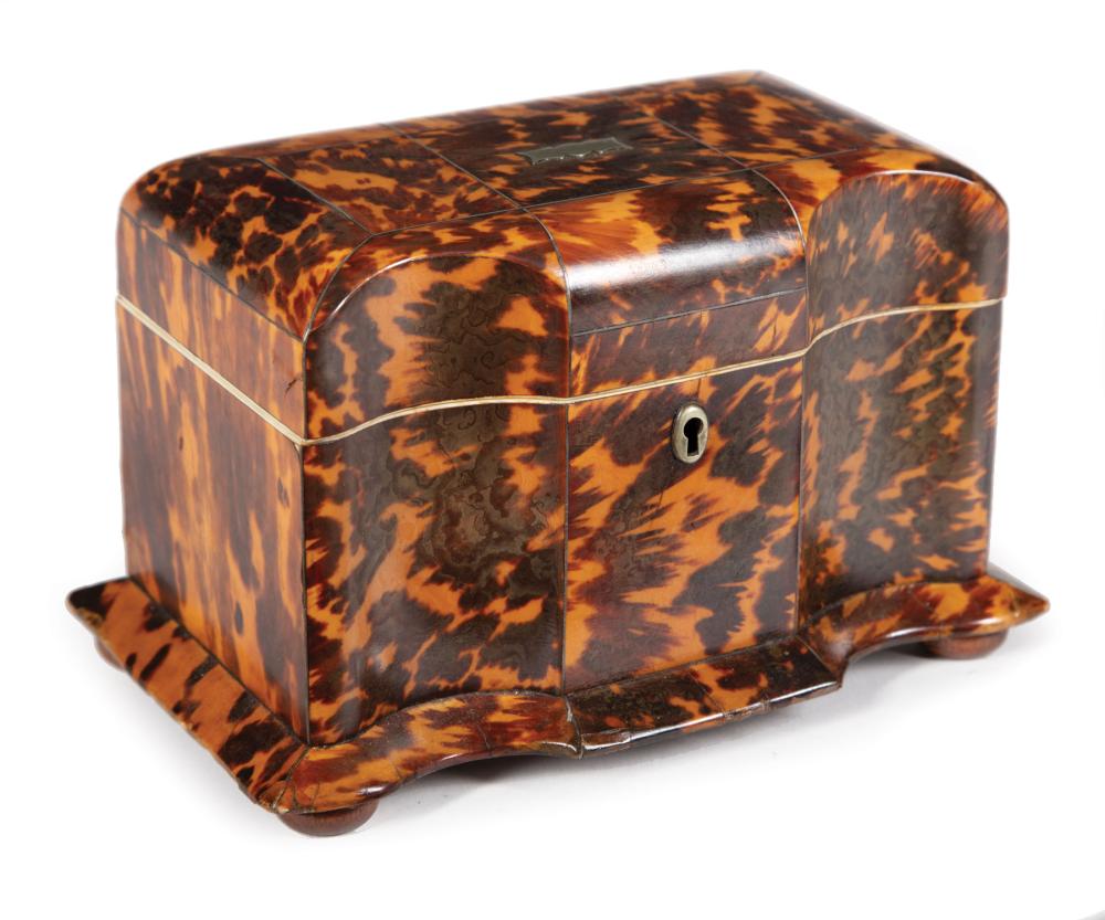 Appraisal: William IV Serpentine-Front Tortoiseshell Tea Caddy th c interior with