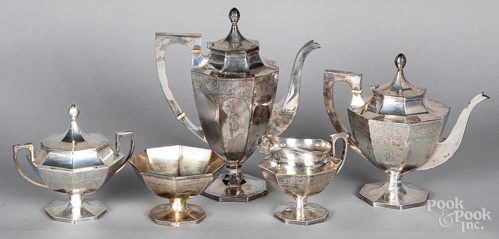 Appraisal: Sterling silver five piece tea service ozt Sterling silver five