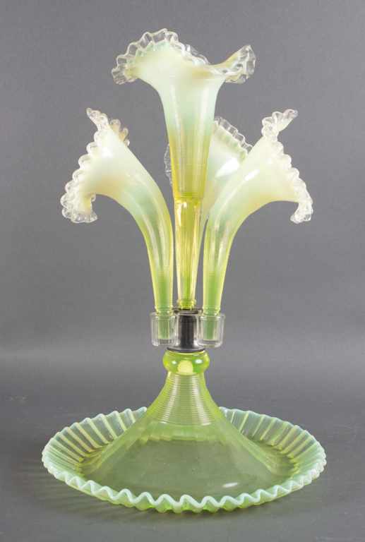 Appraisal: Edwardian cased vaseline glass epergne possibly Stourbridge early th century