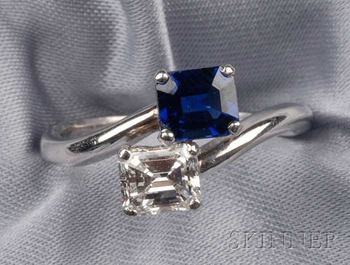 Appraisal: Platinum Diamond and Sapphire Bypass Ring Cartier London prong-set with