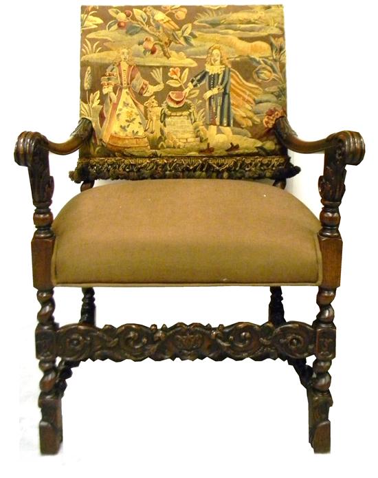 Appraisal: Jacobean style arm chair needlework upholstery depicting courtly lady and