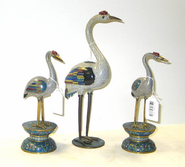 Appraisal: Three cloisonn cranes Including a large figure and two smaller