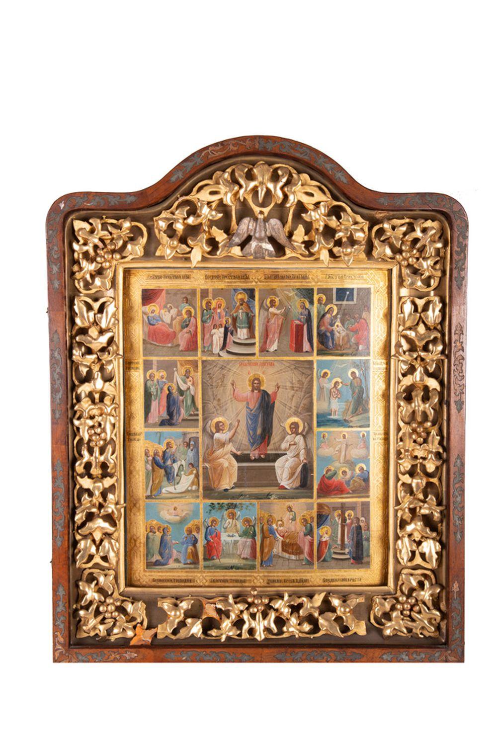 Appraisal: RUSSIAN GILT DECORATED ICONdepicting the miracles of Christ the icon