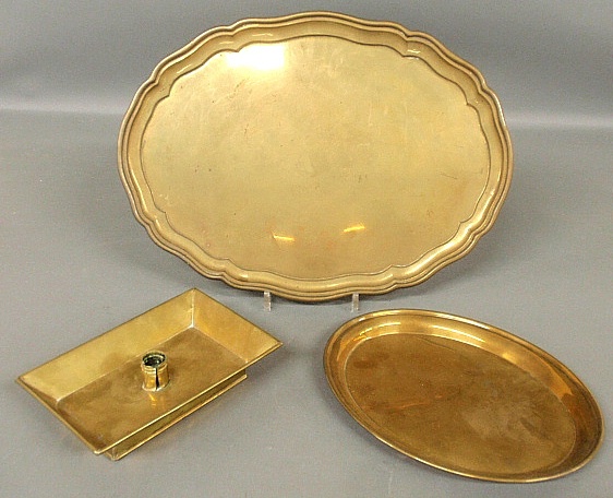 Appraisal: - Brass rectangular try-form candleholder h and two brass trays