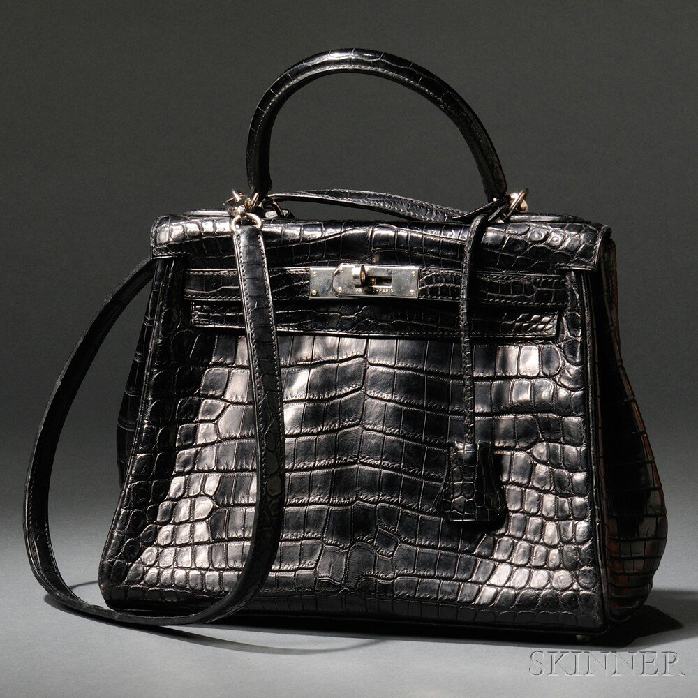 Appraisal: Black Crocodile Leather Kelly Handbag Hermes with silver-tone hardware shoulder