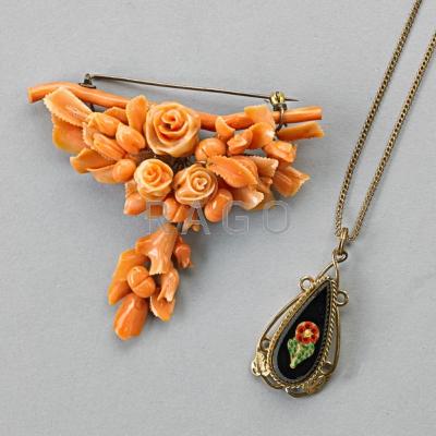 Appraisal: FLORAL JEWELRY - Victorian carved coral brooch and a micromosaic