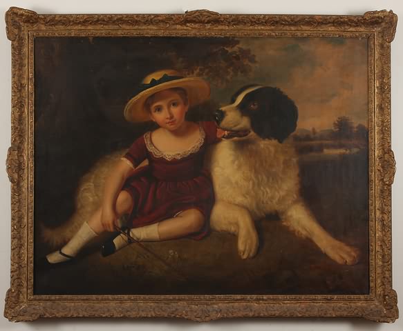 Appraisal: Child and dog with landscape in background oil on canvas