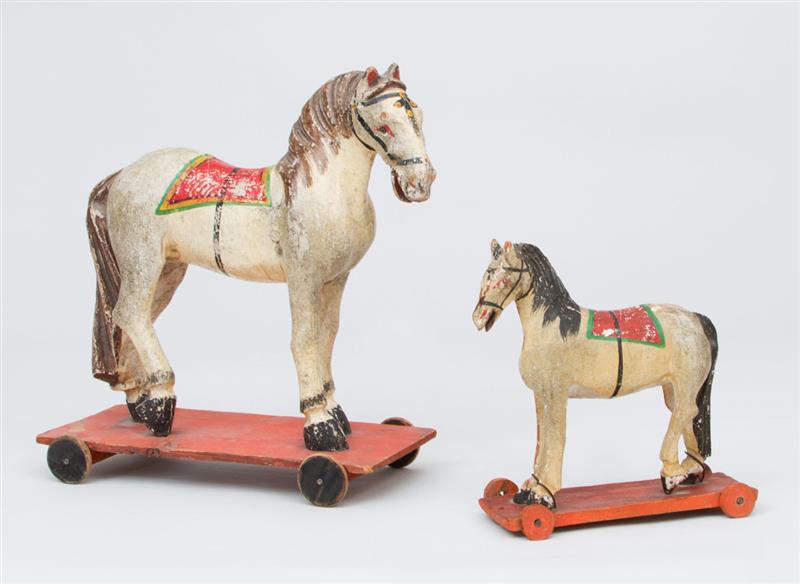 Appraisal: TWO AMERICAN PAINTED WOOD HORSE-FORM PULL TOYS and in x