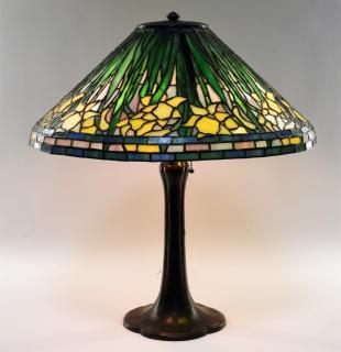 Appraisal: American Leaded Glass Daffodil Handel Bronze Lamp UNITED STATES EARLY