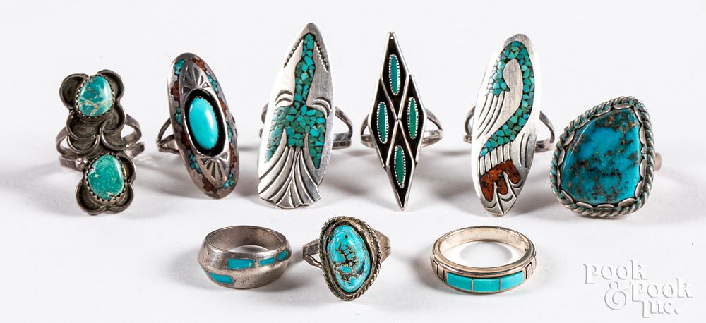 Appraisal: Nine Native American silver and turquoise rings Group of nine