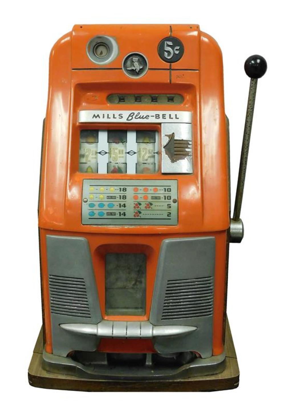 Appraisal: Mills Blue Bell slot machine orange painted body with key