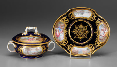 Appraisal: Sevres ecuelle with lid and stand elaborate two-tone gilt decoration