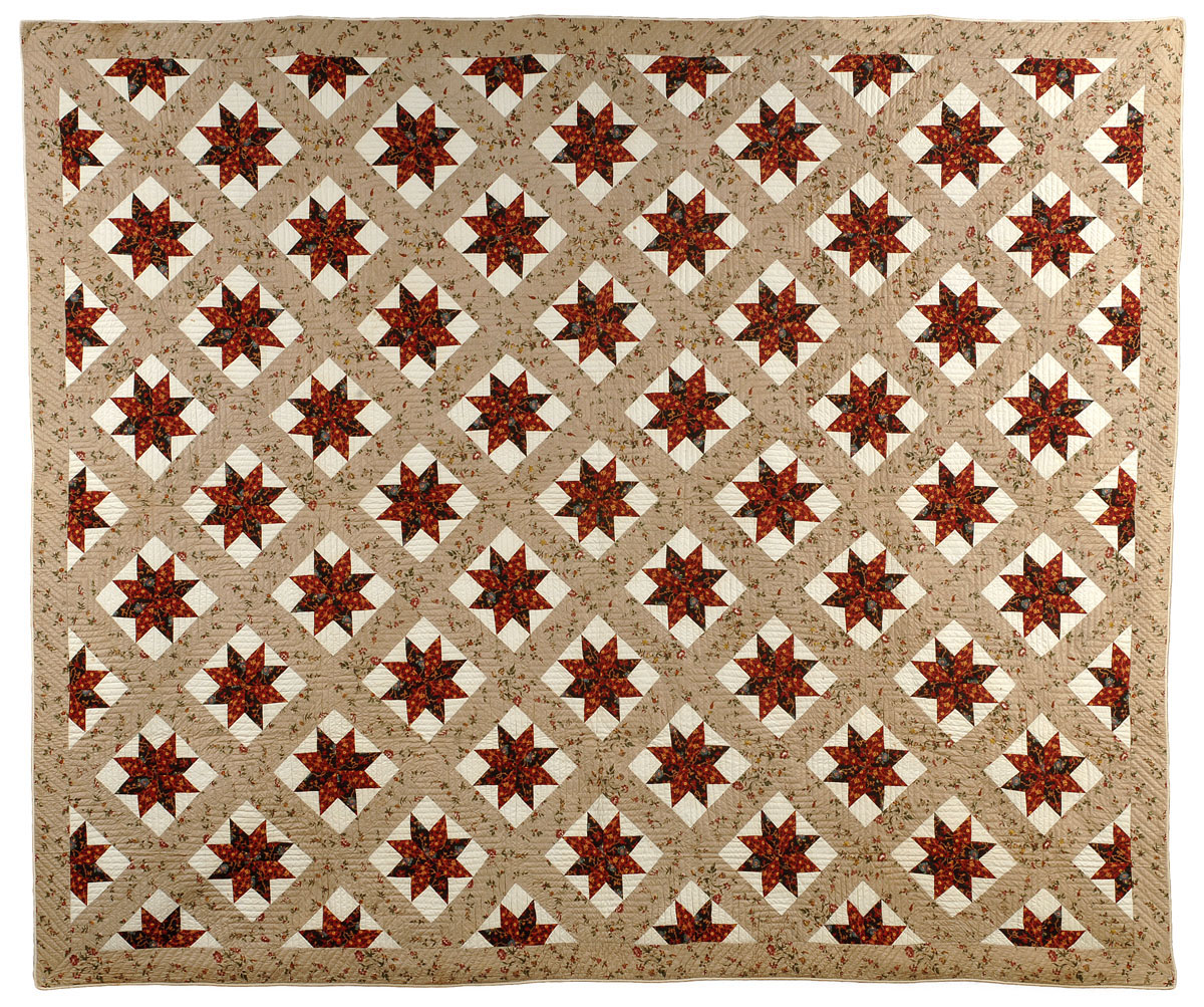 Appraisal: GATED EIGHT-POINTED STAR PIECED WORK QUILT CIRCA Constructed of forty-nine