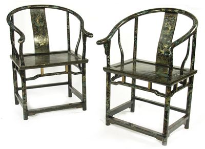 Appraisal: A pair of Chinese black lacquer and polychrome decorated throne