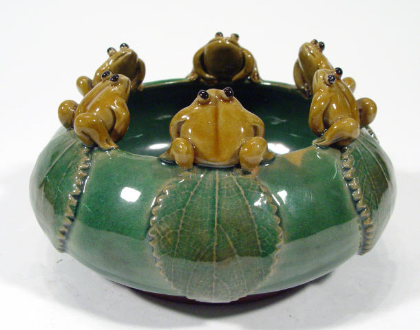 Appraisal: Studio pottery bowl relief moulded with frogs and lily pads