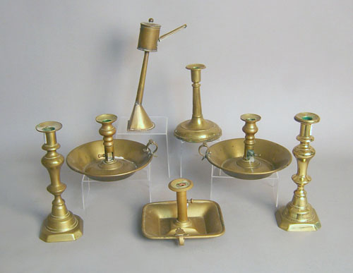 Appraisal: Six brass candlesticks together with an oil lamp h