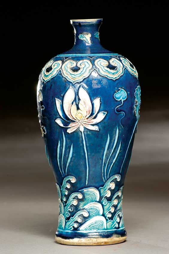 Appraisal: MING FAHUA GLAZED MEIPING Chinese Ming Dynasty fahua glazed pottery