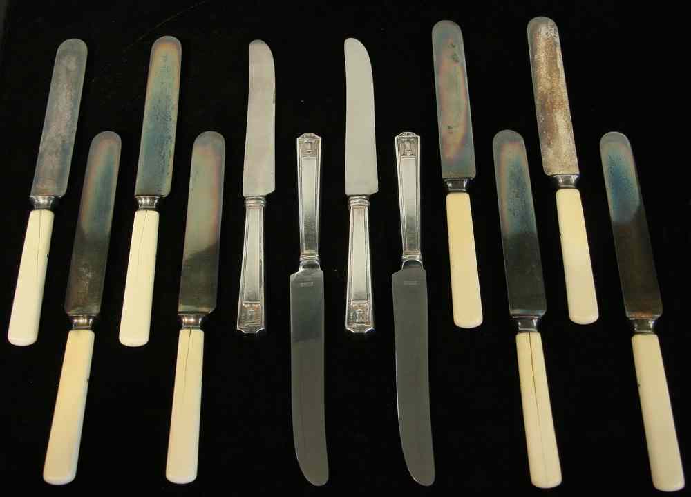 Appraisal: SETS DINNER KNIVES - Including Holmes Edward with hollowfill sterling