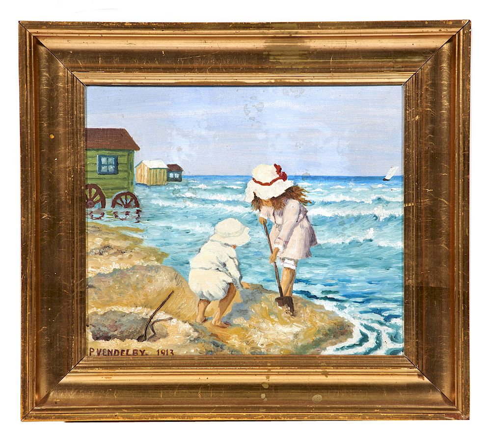 Appraisal: P Vendelby Digging for Clams oil on canvas P Vendelby