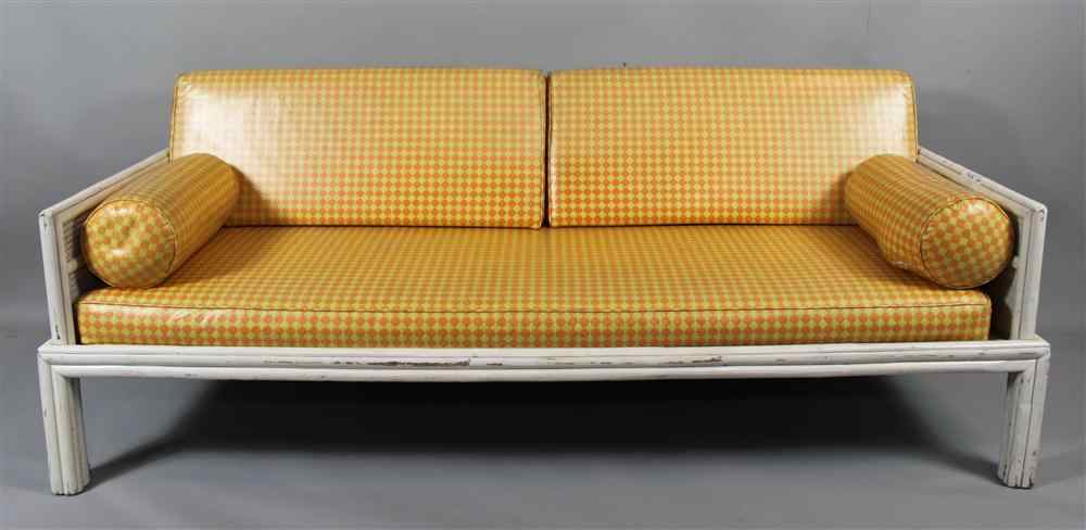 Appraisal: MODERN WHITE SOFA WITH GLAZED ORANGED CHECKED CUSHION UPHOLSTERY h