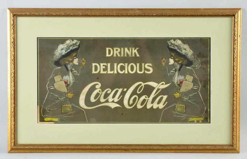 Appraisal: Cardboard Coca-Cola Trolley Sign Matted and framed under glass This