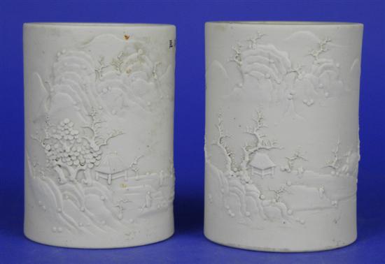 Appraisal: TWO CHINESE BISQUIT WARE BRUSH POTS one of the pots