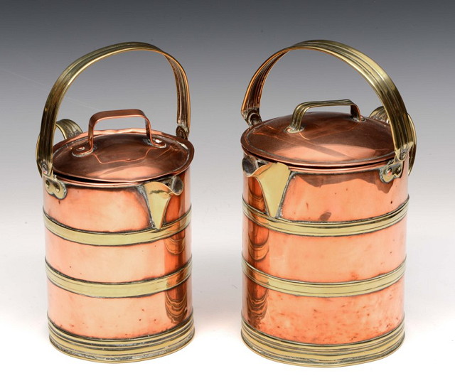 Appraisal: TWO ANTIQUE COPPER AND BRASS BOUND CYLINDRICAL MILK JUGS with