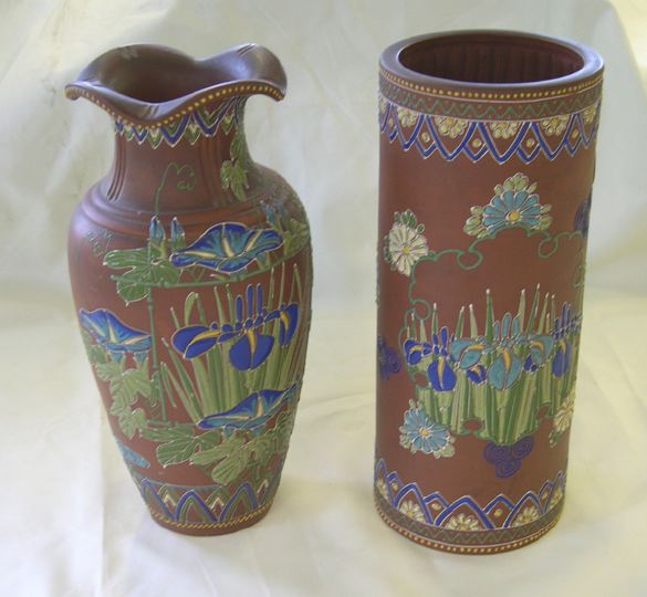 Appraisal: Two Satsuma Stoneware Vases on a good Meiji Satsuma bas-relief