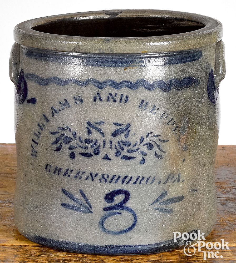 Appraisal: Western Pennsylvania three-gallon stoneware crock Western Pennsylvania three-gallon stoneware crock