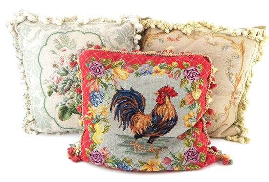 Appraisal: Three th C needlework throw pillows first depicting rooster black