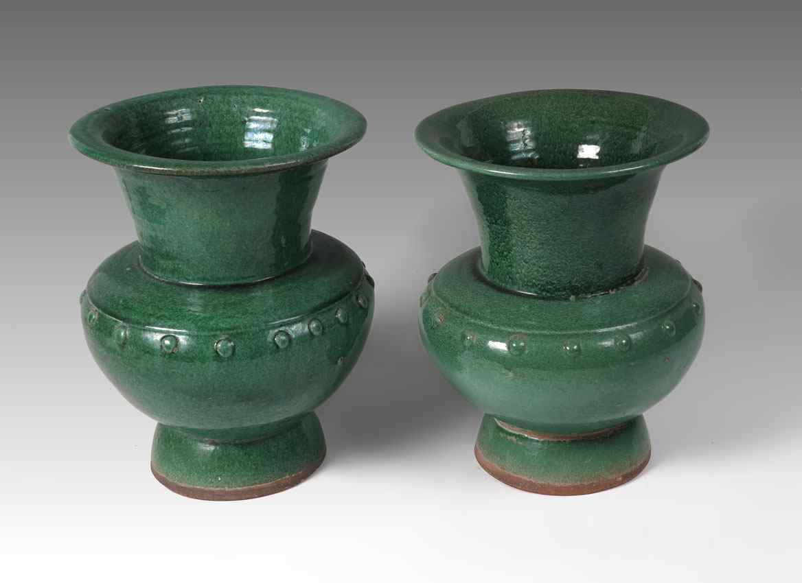 Appraisal: PAIR CHINESE LEAD GREEN VASES '' h x '' Actual