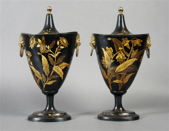 Appraisal: A Pair of Regency Tole Painted Chestnut Urns Height inches