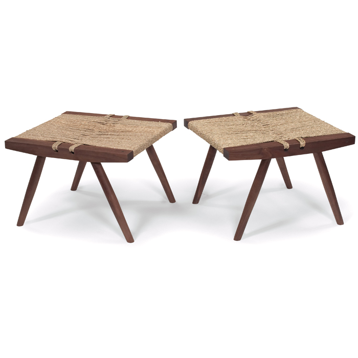 Appraisal: Nakashima Studio stools pair walnut grass-seated refinished seats replaced ''w