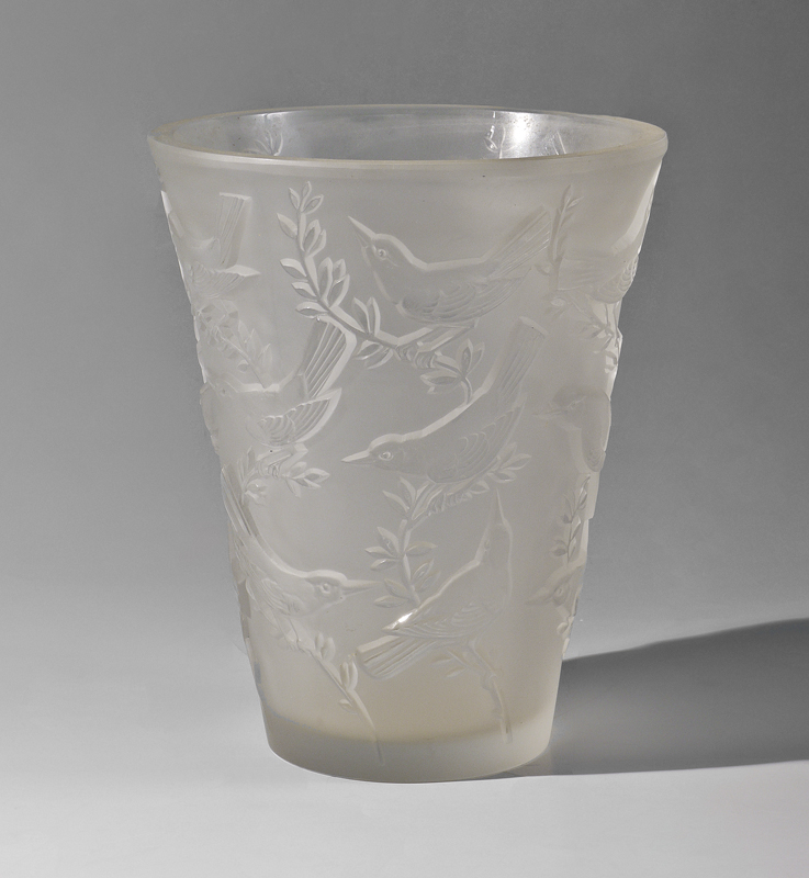 Appraisal: LALIQUE GRIVES CRYSTAL VASE Frosted vase with repeating pattern of