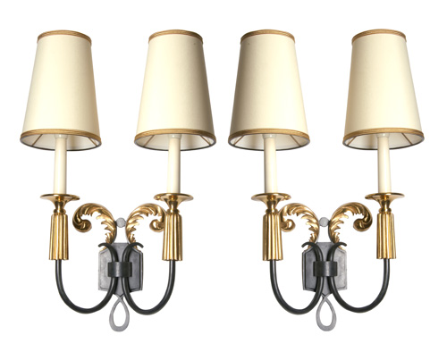 Appraisal: FRENCH Pair of patinated iron and gilt bronze two-light sconces