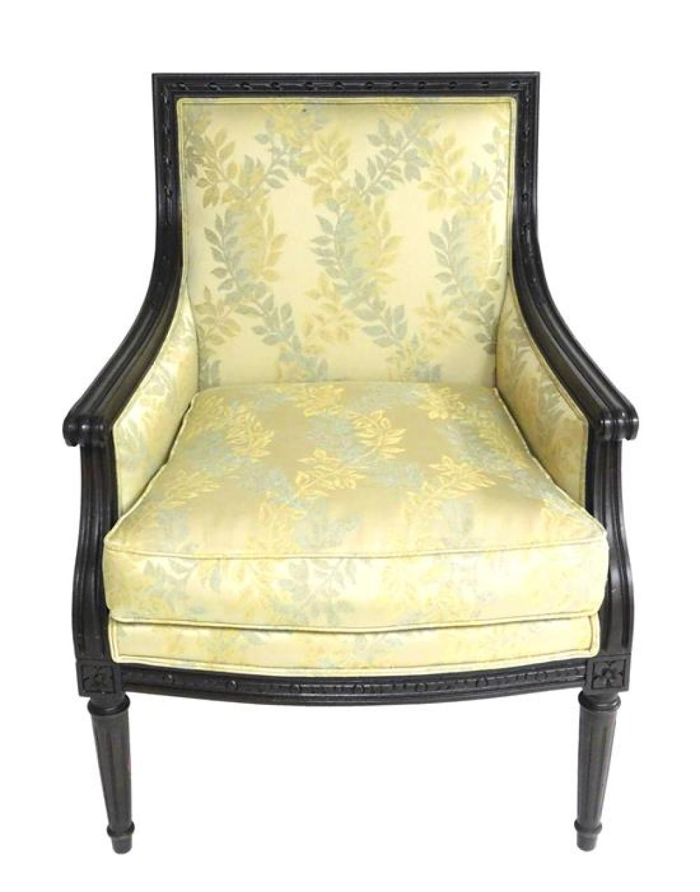 Appraisal: French style armchair mahogany finished frame ecru silver and gold