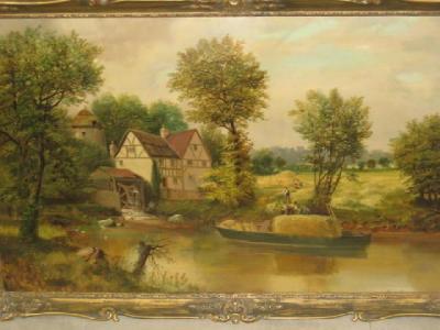 Appraisal: ENGLISH PRIMITIVE SCHOOL Riverscene with Mill and Hay Barge unsigned