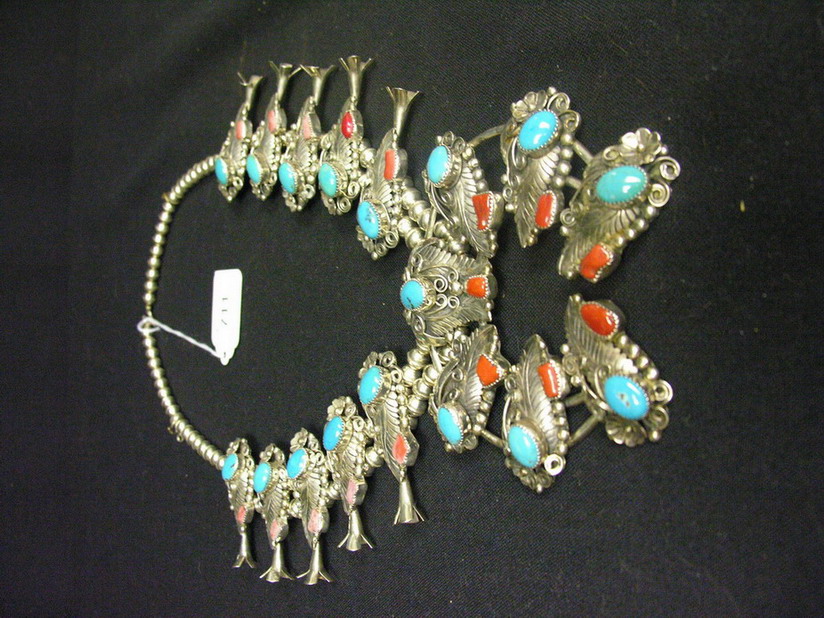 Appraisal: STERLING TURQUOISE AND CORAL SQUASH BLOSSOM NECKLACE Large Naja leaves