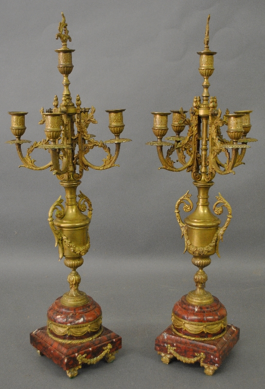 Appraisal: - Pair of Victorian bronze and red marble candelabras h