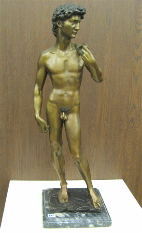 Appraisal: FIGURAL BRONZE SCULPTURE Michelangelo's David the bronze and marble base