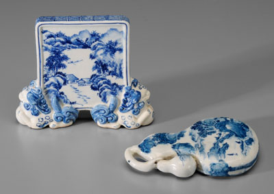 Appraisal: Two Japanese scholar's objects blue and white porcelain double-gourd ink